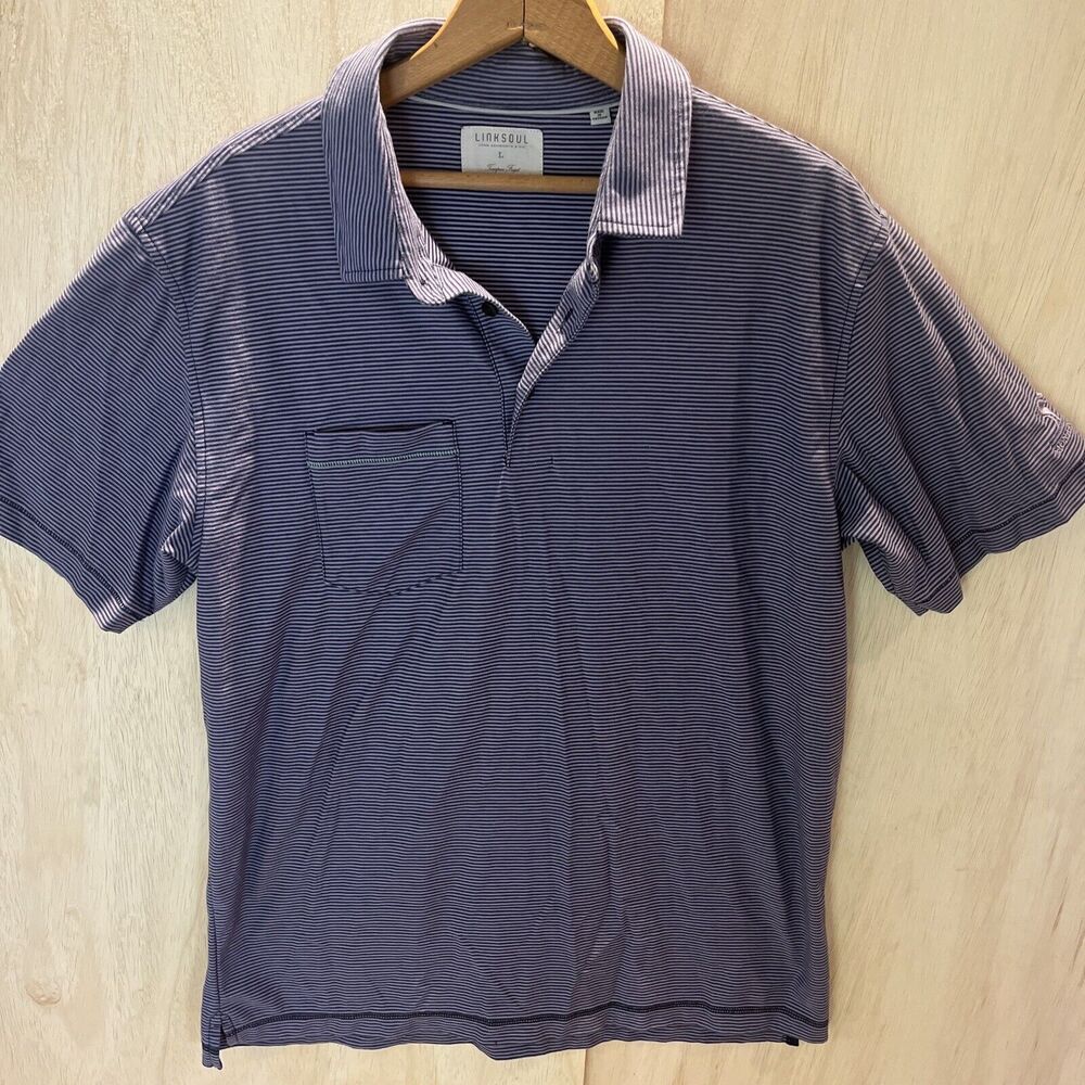Linksoul Men's 100% Luxury Cotton Blue Striped Pocket Polo Shirt Top Size Large